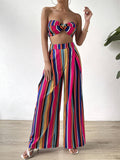 vlovelaw  Striped Print Casual Two-piece Set, Bowknot Back Crop Tube Top & Wide Leg Pants Outfits, Women's Clothing