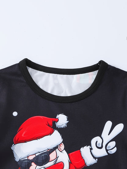 Fire-resistant fabric 2pcs Christmas brother and sister pajamas spring and autumn style printed cartoon Santa hat long-sleeved round neck sweater long pants comfortable suit can be used as the best gift