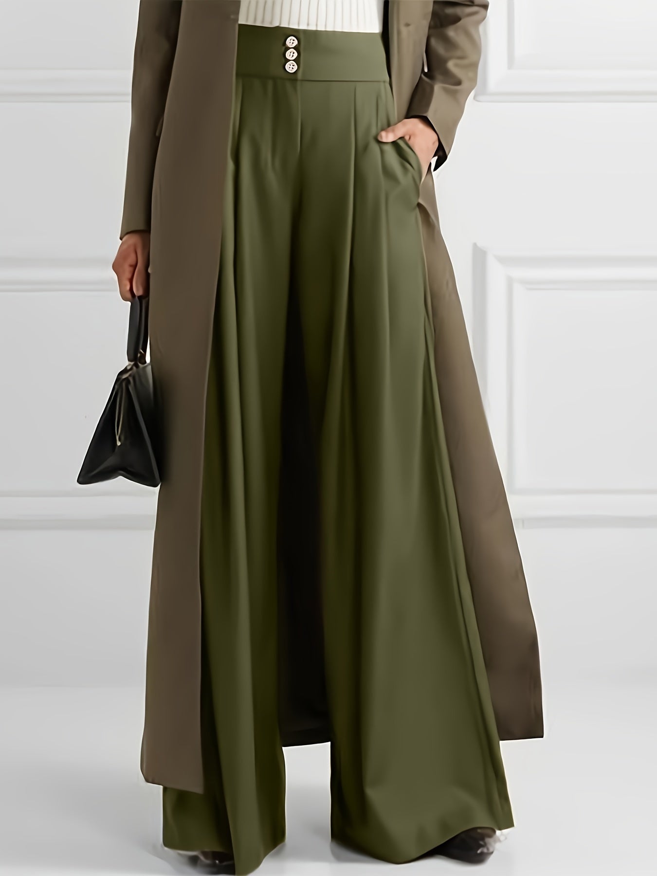 Ruched Wide Leg Pants, High Waist Solid Casual Pants, Women's Clothing