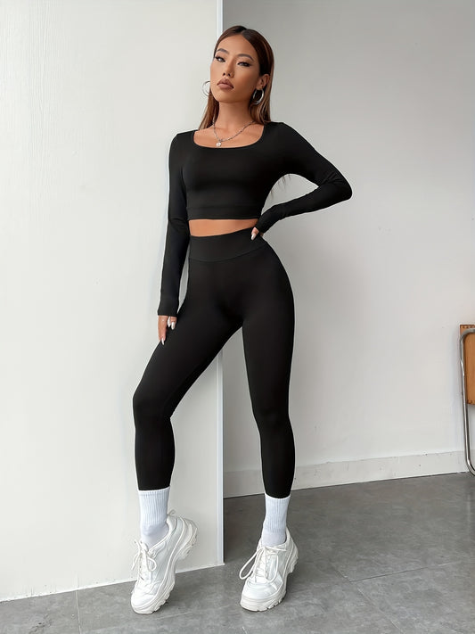 vlovelaw  Solid Slim Two-piece Set, Long Sleeve Cropped Tops & High Waist Workout Pants Outfits, Women's Clothing