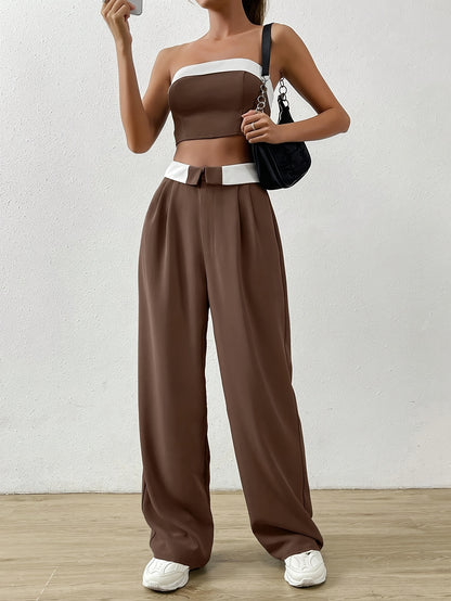 vlovelaw Contrast Trim Two-piece Set, Casual Tube Top & Pants Outfits, Women's Clothing