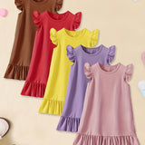 5pcs Girls Charming Ruffle Sleeve Dress Set - Versatile Plain Colors for Everyday Casual Wear, Ideal Summer Style & Gift