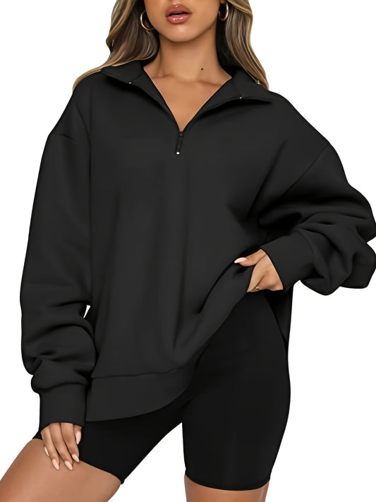 vlovelaw  Plus Size Casual Sweatshirt, Women's Plus Plain Long Sleeve Zipper High Neck Sweatshirt