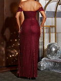 vlovelaw  Off Shoulder Sequined Dress, Elegant High Slit Backless Bodycon Dress For Party & Banquet, Women's Clothing