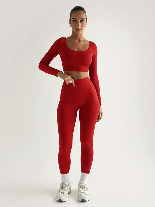 vlovelaw  Solid Color Spring Casual Two-piece Set, U Neck Long Sleeve Crop Top & Skinny Pants Outfits, Women's Clothing