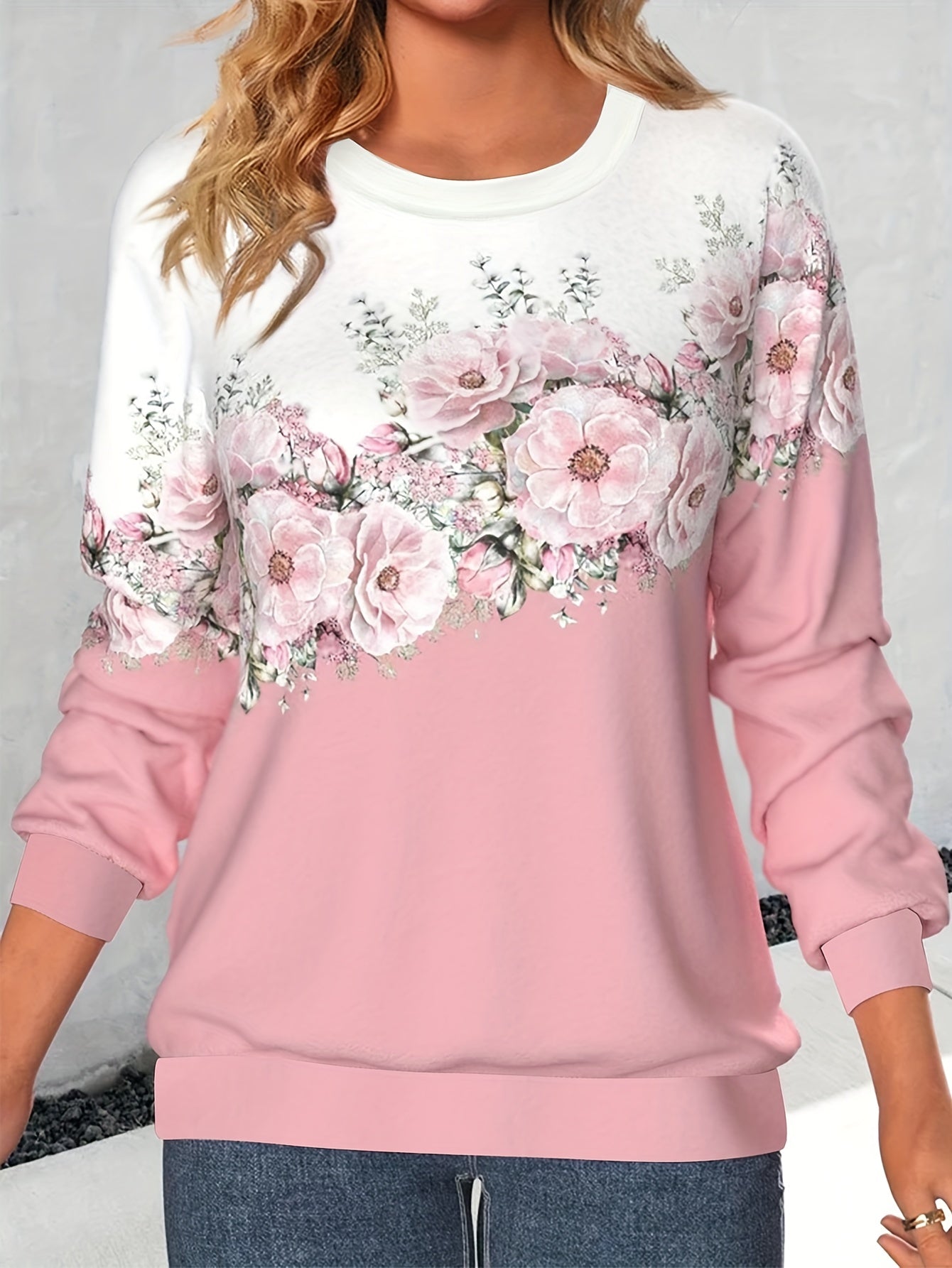 vlovelaw  Crew Neck Flowers Print Sweatshirt, Casual Sports Running Long Sleeve Tops, Women's Clothing