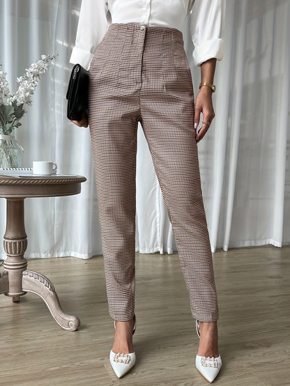 Plaid Print Tapered Leg Pants, Casual High Waist Pants For Spring & Fall, Women's Clothing