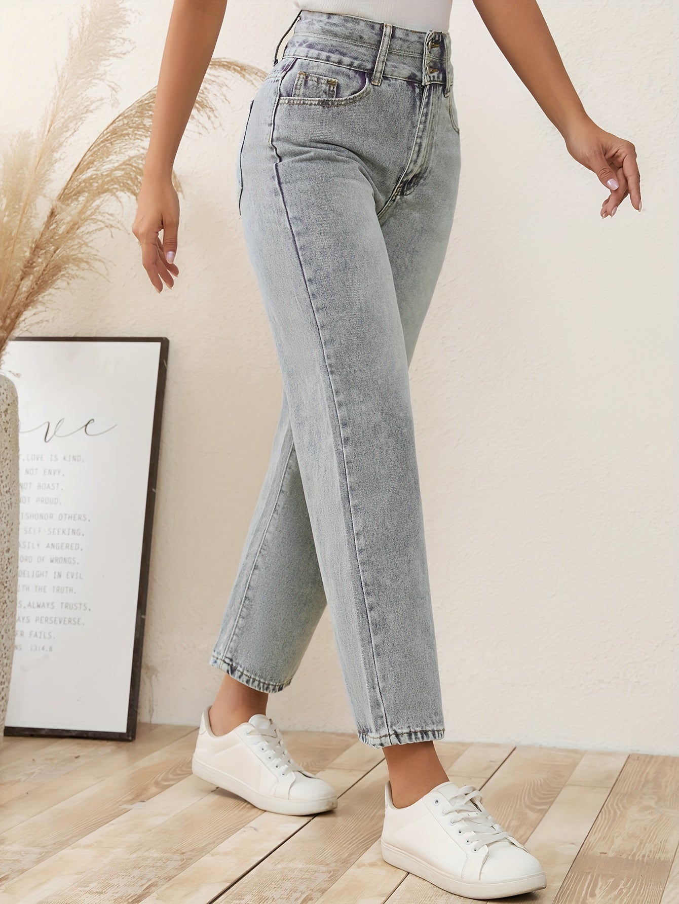 vlovelaw Double Button Washed Straight Jeans, Loose Fit Non-Stretch Denim Pants, Women's Denim Jeans & Clothing