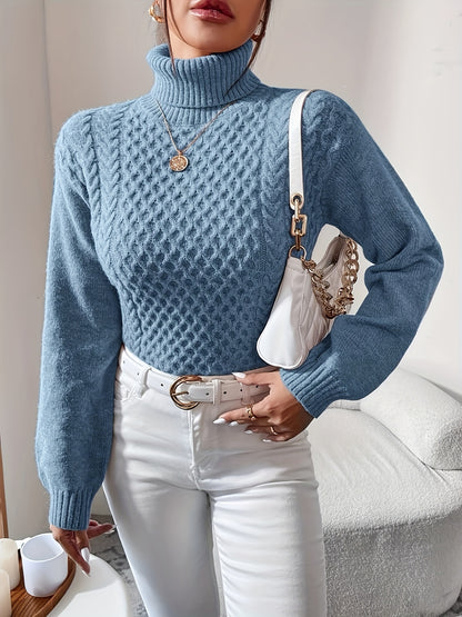 vlovelaw Solid Turtle Neck Cable Knit Sweater, Elegant Long Sleeve Slim Sweater For Fall & Winter, Women's Clothing