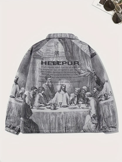 vlovelaw  The Last Supper Print Retro Vintage Jacket, Men's Casual Zip Up Jacket Coat College Hipster Windbreaker For Spring Fall