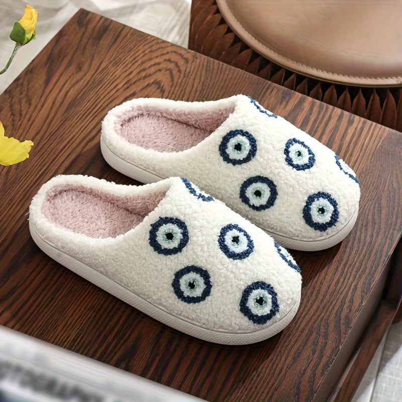 Evil Eye Pattern Flannel Slippers - Cozy Winter Indoor Slippers with TPR Sole and Plush Flannel Lining