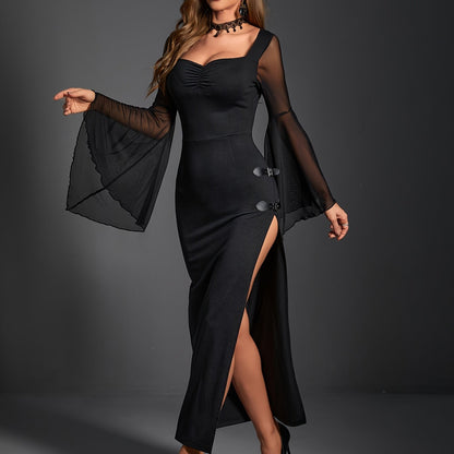 vlovelaw Gothic Contrast Mesh Split Thigh Dress, Flare Long Sleeve Buckle Detail Dress, Women's Clothing