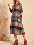 vlovelaw  Striped Crew Neck Dress, Elegant Long Sleeve Dress For Spring & Fall, Women's Clothing