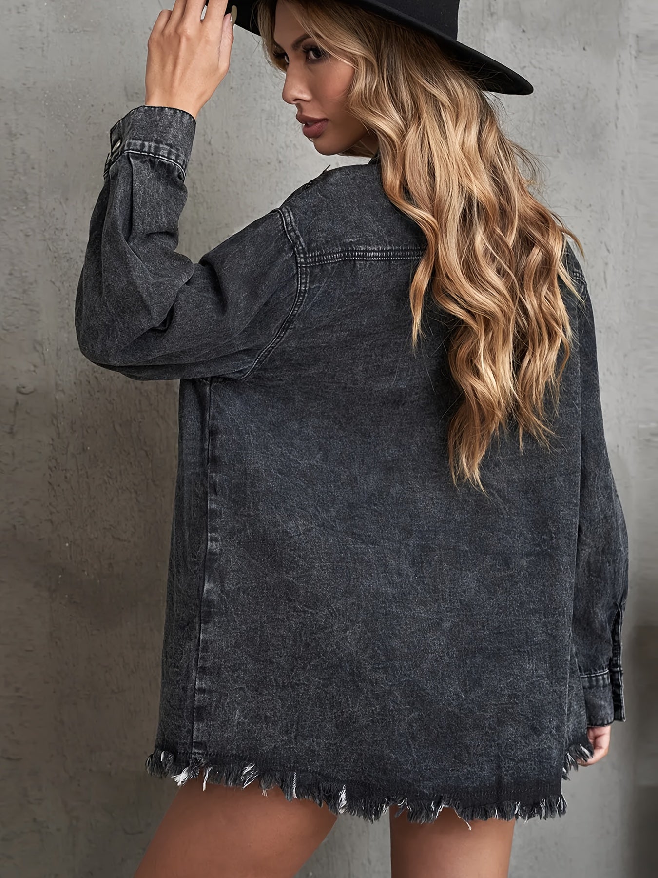 Plain Raw Hem Lapel Denim Coat, Long Sleeves Non-Stretch Denim Jacket, Women's Denim Clothing