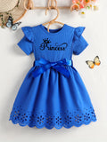 Girls Adorable Peplum Dress - Soft Slight Stretch Polyester Fabric, Crew Neck, Short Sleeves, Ruffle Trim, Bow Tie, Alphabets Pattern, Regular Fit, Perfect for Summer Casual Wear