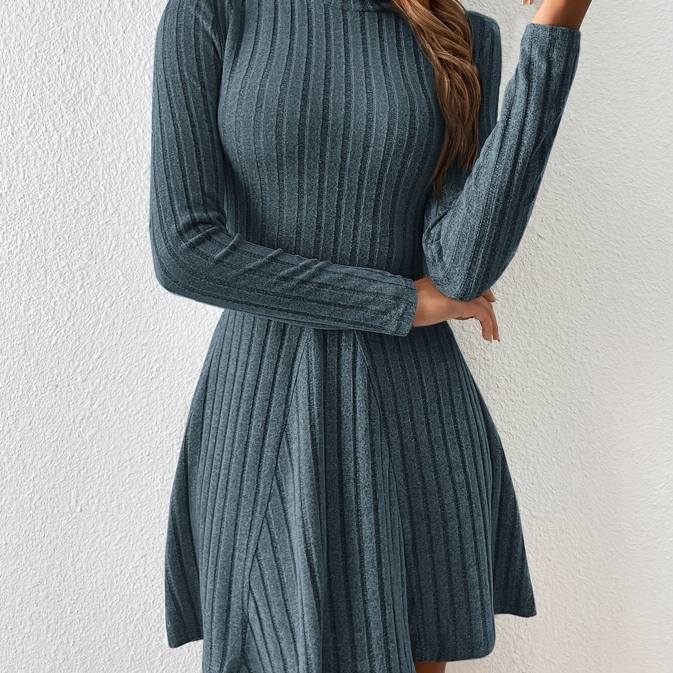 vlovelaw  Solid Ribbed Dress, Casual Mock Neck Long Sleeve Dress, Women's Clothing