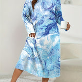 vlovelaw Plus Size Elegant Loungewear Dress, Women's Plus Tie Dye Fluid Print Long Sleeve Round Neck Sleep Dress