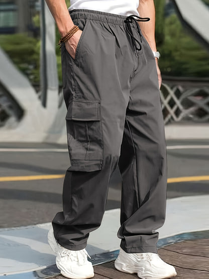 vlovelaw  Trendy Solid Cargo Pants, Men's Multi Flap Pocket Trousers, Loose Casual Outdoor Pants, Men's Work Pants Outdoors Streetwear Hip Hop Style