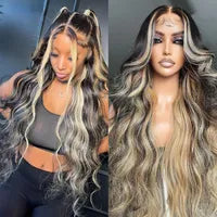 Medium Bob Wigs for Women Human Hair Lace Frontal Wig Ash White Blonde Grey Highlights Colored Wig 13x4 HD Glueless Wavy Synthetic Wig