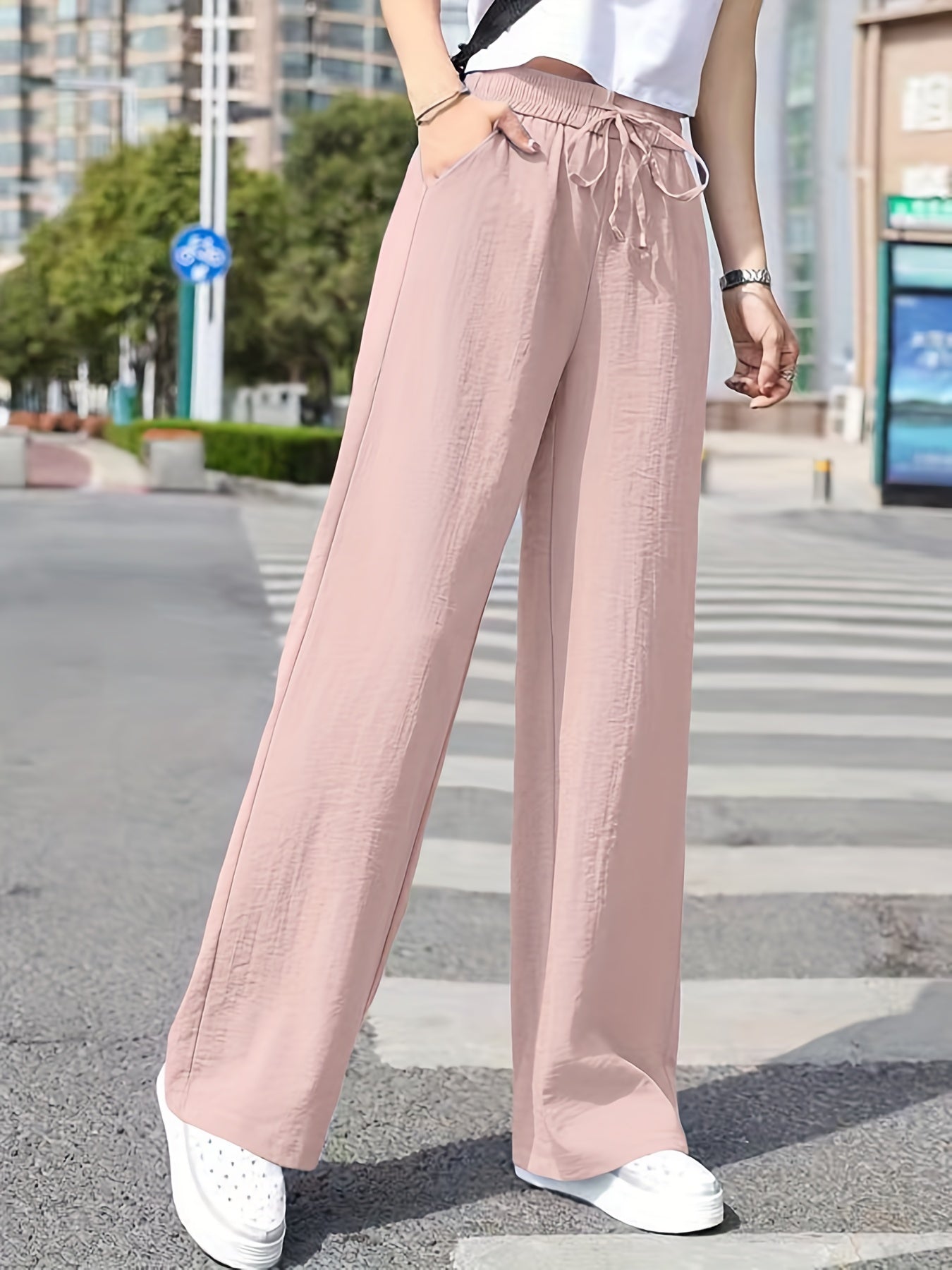 vlovelaw  Minimalist Solid Drawstring Pants, Casual Long Length Elastic Waist Wide Leg Pants, Women's Clothing