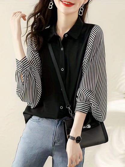 Striped Print Splicing Shirt, Casual Button Front Long Sleeve Shirt, Women's Clothing