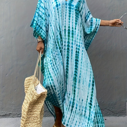 vlovelaw  V Neck Oversized Kaftan Dress, Bohemian Loose Beach Vacation Dress, Women's Clothing