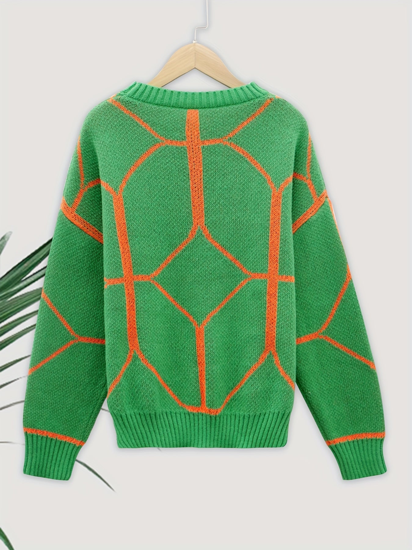 Line Pattern Round Neck Long Sleeve Pullover, Elegant Warm Geometric Sweater, Women's Clothing