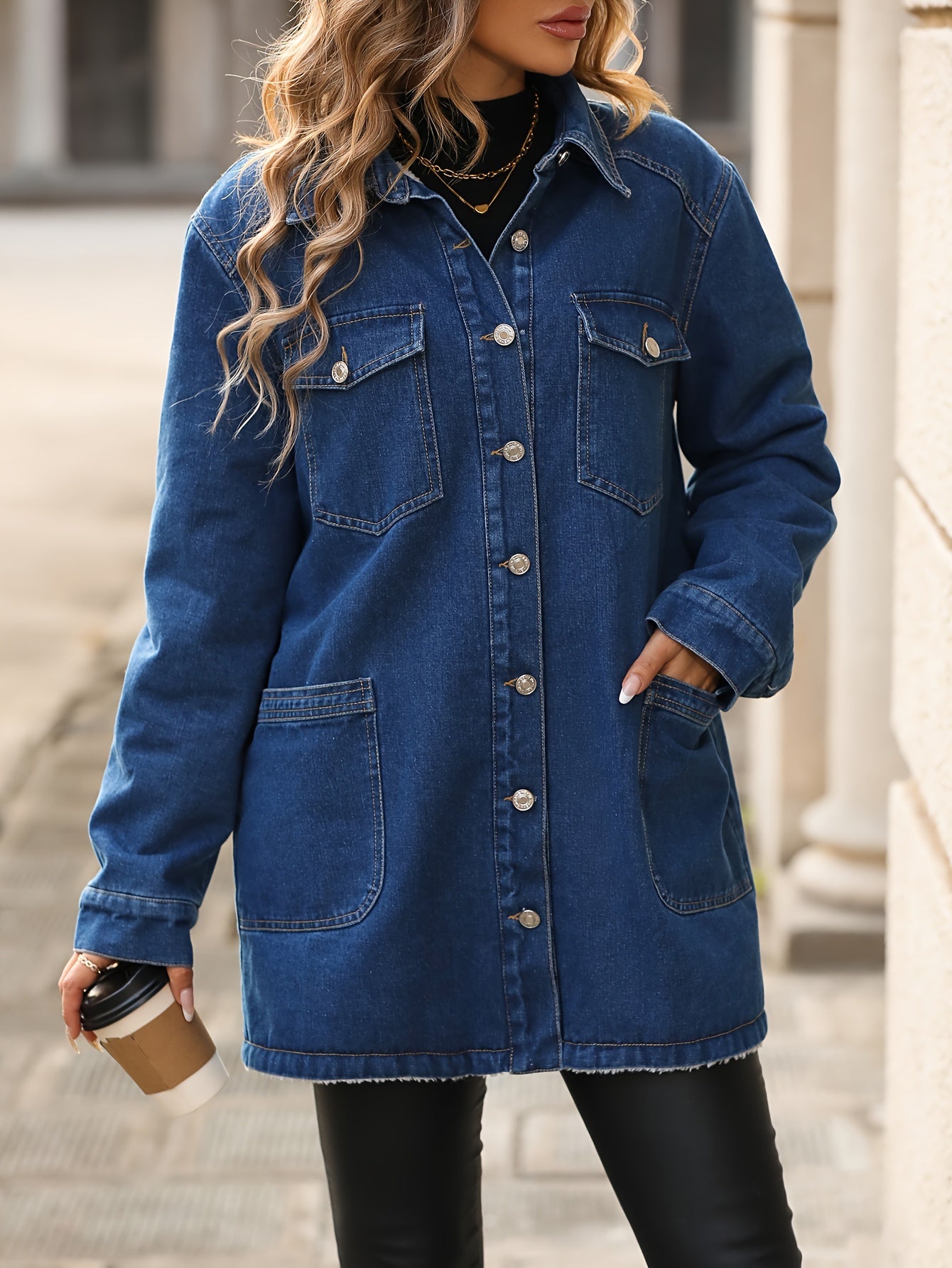 vlovelaw  Fleece Liner Lapel Denim Jacket, Long Sleeves Flap Pockets Keep Warm Long Denim Coat, Women's Denim Clothing