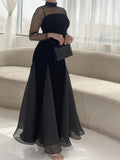 Solid Mesh Splicing Mock Neck Dress, Elegant Long Sleeve Swing Maxi Dress For Party & Banquet, Women's Clothing