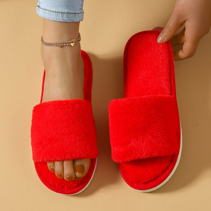 Winter Plush Open Toe Slippers, Solid Color Cozy & Warm Slip On Shoes, Comfy Indoor Floor Slippers