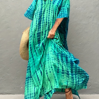 vlovelaw  V Neck Oversized Kaftan Dress, Bohemian Loose Beach Vacation Dress, Women's Clothing