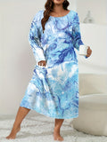 vlovelaw Plus Size Elegant Loungewear Dress, Women's Plus Tie Dye Fluid Print Long Sleeve Round Neck Sleep Dress