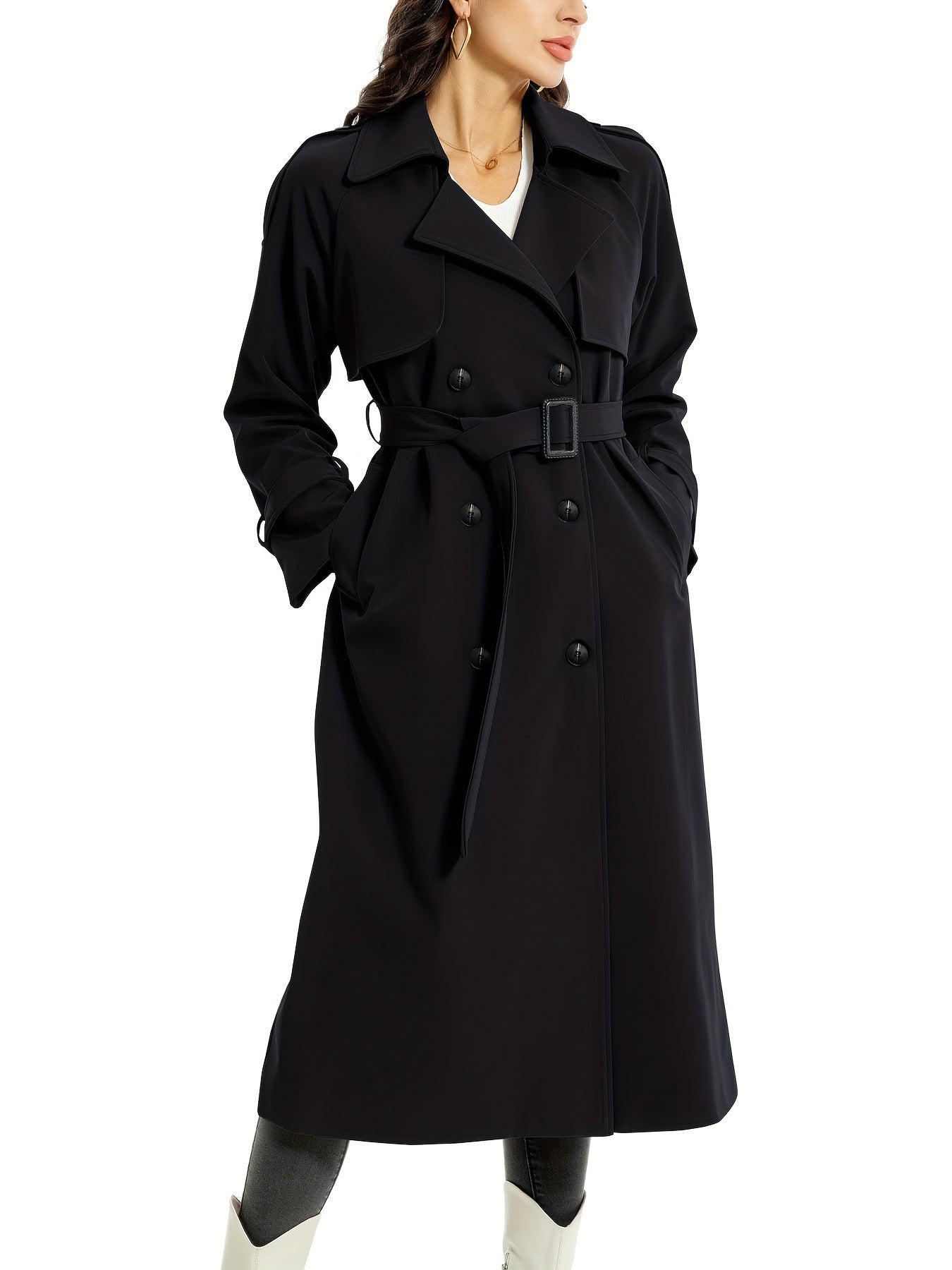 vlovelaw  Double Breasted With Pocket Trench Coat, Casual Long Sleeve Belted Trench Coat, Women's Clothing