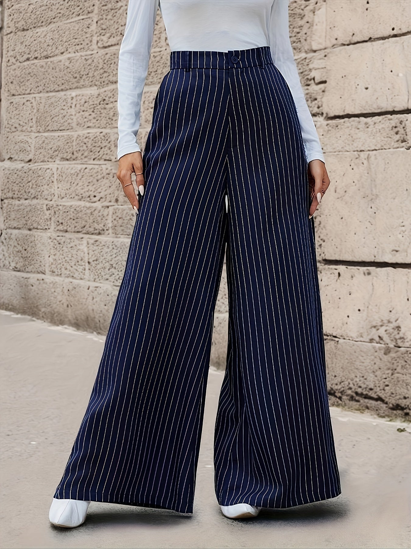 Striped Print Wide Leg Pants, Casual High Waist Long Length Pants, Women's Clothing