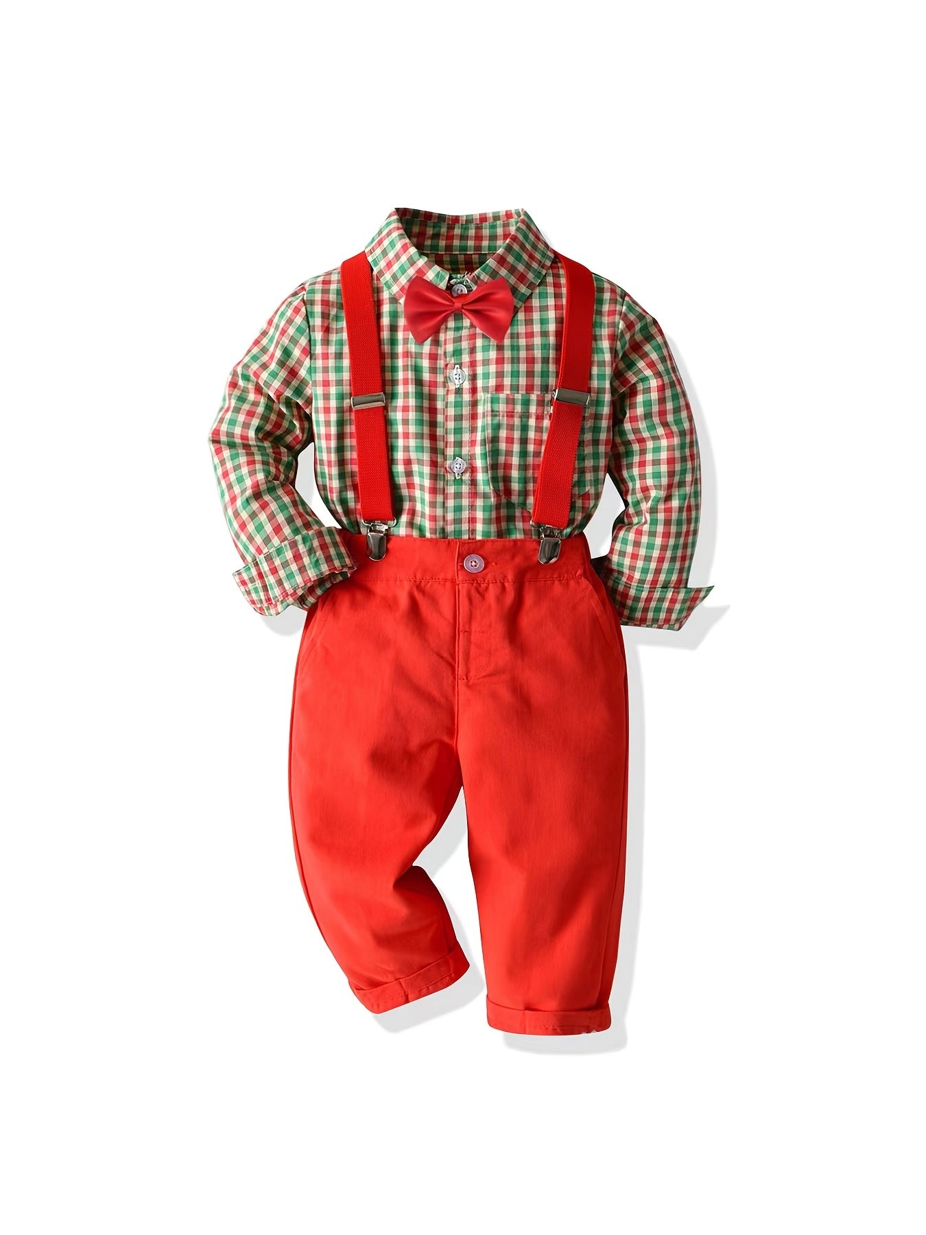 Boy's Plaid Long Sleeve Gentleman Christmas Set with Lapel Shirt & Solid Suspender Pants for Party, Daily & Outdoor Wear