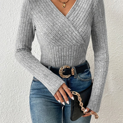 vlovelaw Ribbed Surplice Neck T-Shirt, Casual Long Sleeve Top For Spring & Fall, Women's Clothing