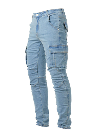 vlovelawSlim Fit Multi Pocket Jeans, Men's Casual Street Style High Stretch Denim Pants For All Seasons Outdoor