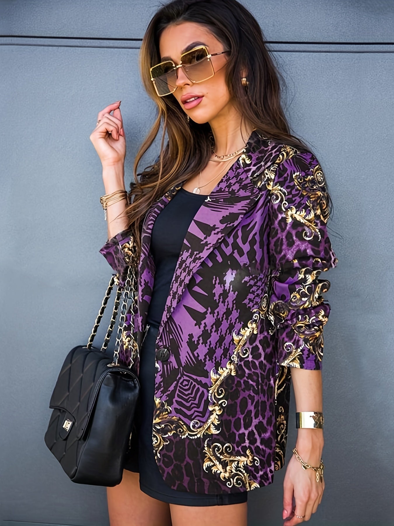 Full Printed Lapel Blazer, Casual Open Front Long Sleeve Outerwear, Women's Clothing