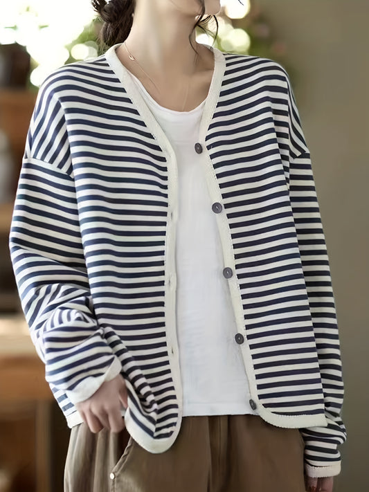 vlovelaw  Striped Print Button Front Jacket, Casual V Neck Long Sleeve Outerwear For Spring & Summer, Women's Clothing