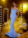 vlovelaw  Sequin Off Shoulder Dress, Elegant Mermaid Hem Evening Dress For Party & Banquet, Women's Clothing