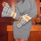 vlovelaw Hippie Patchwork Turtleneck Knitted Sweater Dress, Casual Flared Cuff Long Sleeve Dress, Women's Clothing