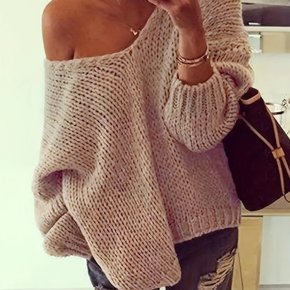 Solid V Neck Knitted Top, Casual Long Sleeve Pullover Sweater For Spring & Fall, Women's Clothing