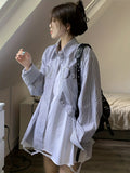 vlovelaw  Letter & Stripe Pattern Shirt, Casual Button Front Long Sleeve Shirt, Women's Clothing