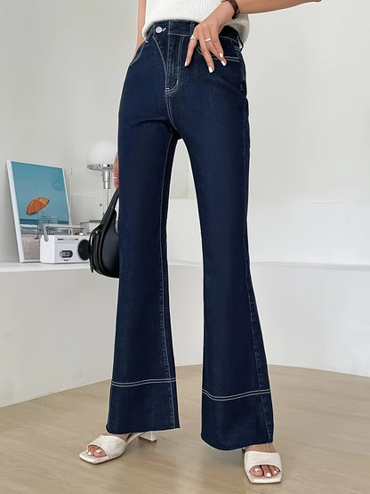 vlovelaw  Contrast Seam Stitching Asymmetric Button Waist Detail Flare Leg Jeans, Plain Dark Blue Medium Stretch Unique Denim Pants, Women's Denim Jeans & Clothing