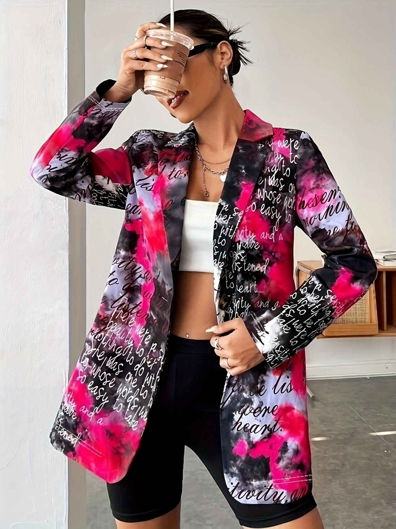 Tie Dye Letter Print Blazer, Versatile Open Front Lapel Long Sleeve Blazer, Women's Clothing