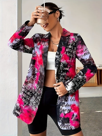 Tie Dye Letter Print Blazer, Versatile Open Front Lapel Long Sleeve Blazer, Women's Clothing