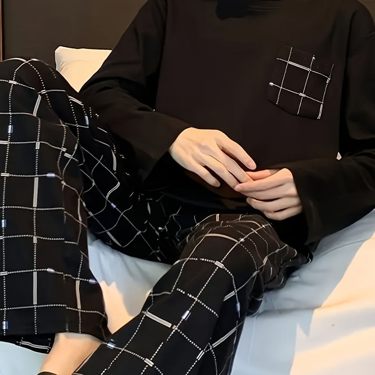 [Millennium Horse Brand] Large Size 2 Pcs Men's Simple Design Long Sleeves & Plaid Long Pants Pajama Sets, Comfortable & Skin-friendly Style Pajamas For Men's Cozy Loungewear