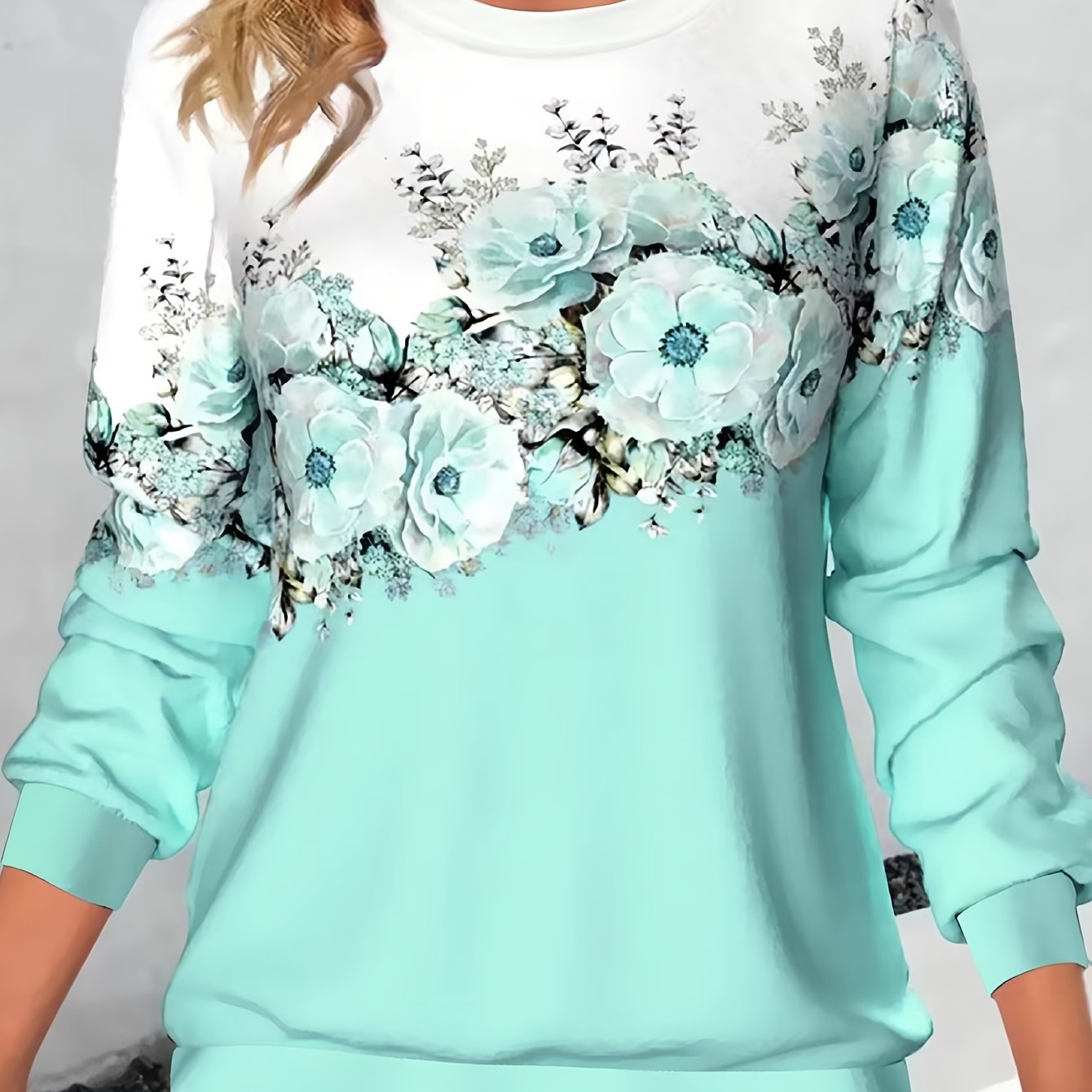 vlovelaw  Crew Neck Flowers Print Sweatshirt, Casual Sports Running Long Sleeve Tops, Women's Clothing