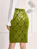 vlovelaw Plus Size Elegant Skirt, Women's Plus Damask Print Elastic High Rise Pencil Skirt