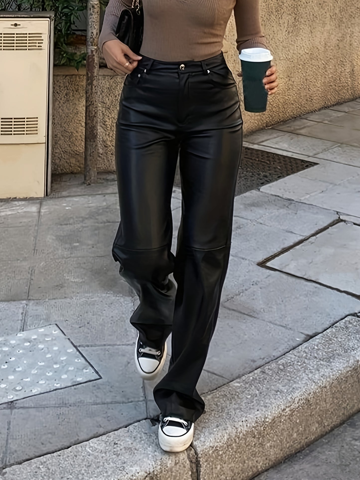 vlovelaw  Solid Faux Leather Vintage Pants, Straight Leg Pants For Fall & Winter, Women's Clothing